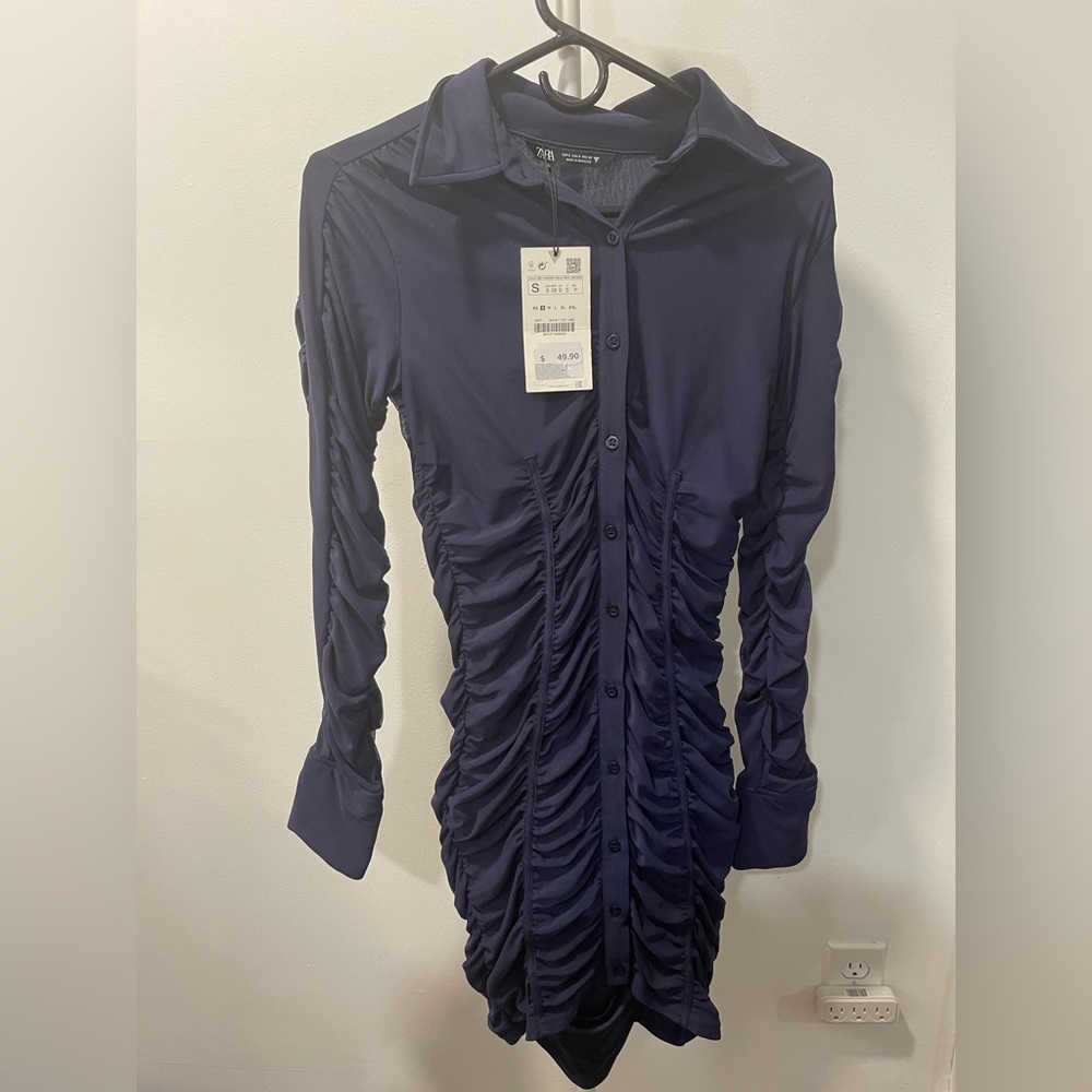 Zara Blue Ruched Long Sleeve Dress